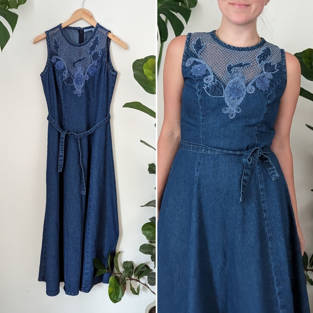 Newport News Blue Denim Midi Dress with Embroidered Yoke